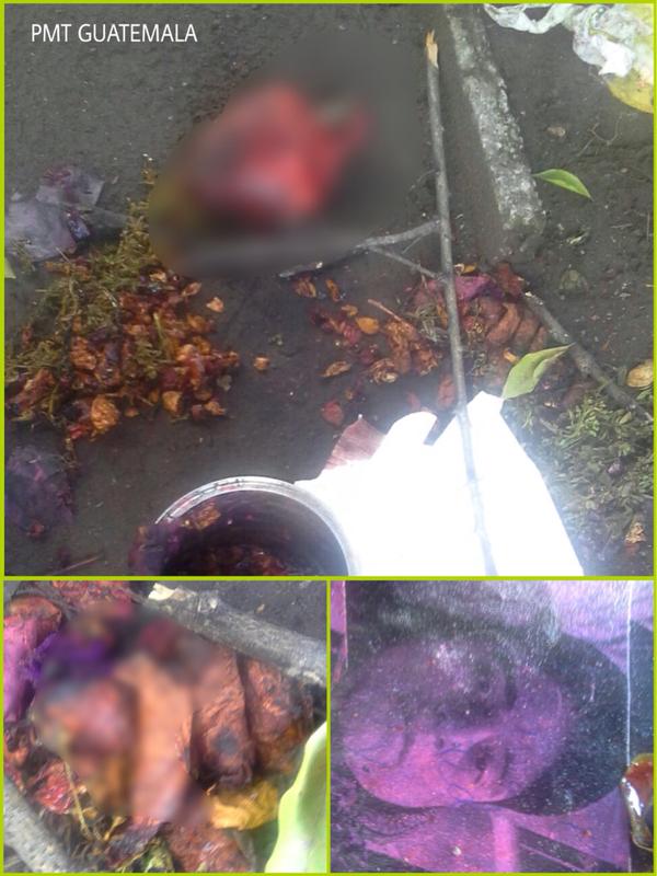 Un corazón de res, con flores, agujas y una fotografía, fueron localizados en la zona 5. (Foto Prensa Libre: Amilcar Montejo)