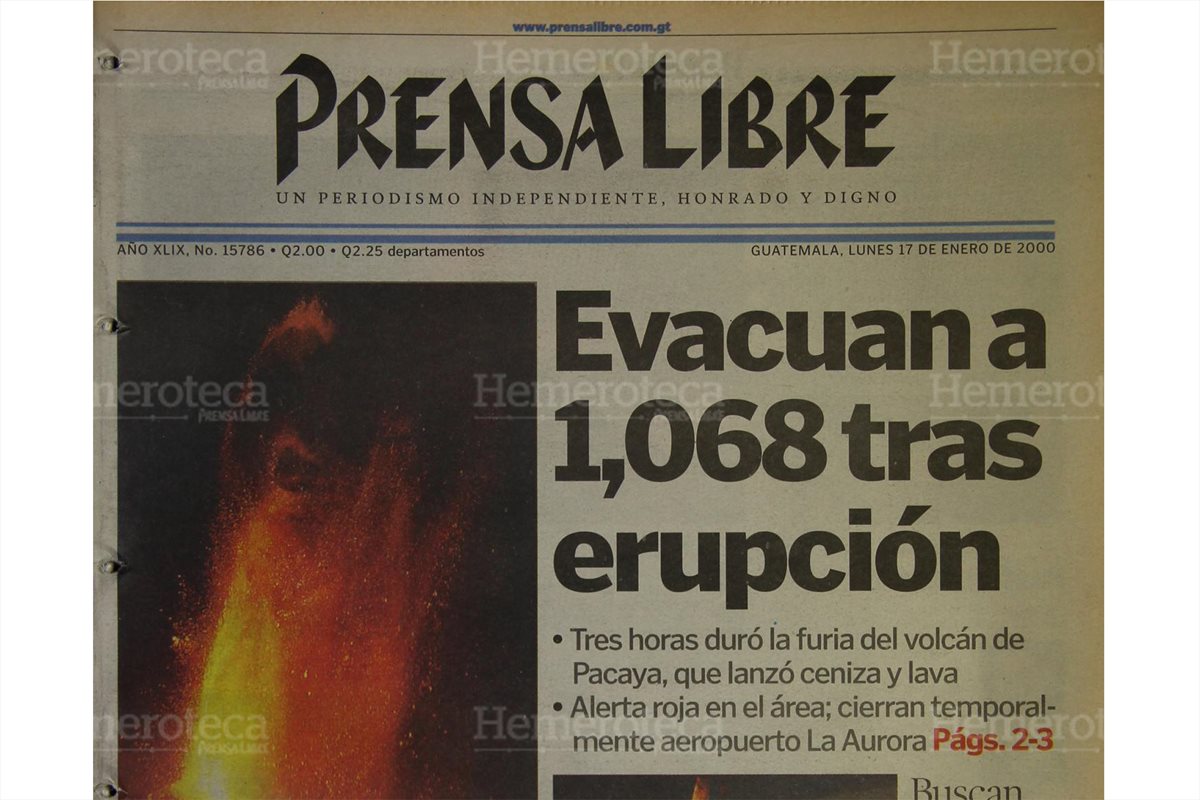 Portada del 17/1/2000 sobre la evacuación de pobladores del volcán de Pacaya por erupción. (Foto: Hemeroteca PL).