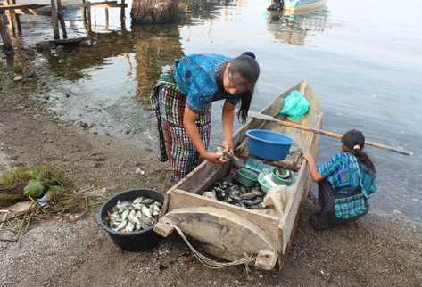Mujeres indígenas de Santa Catarina Palopó  sacan  de un cayuco el producto para  venderlo en un mercado local.