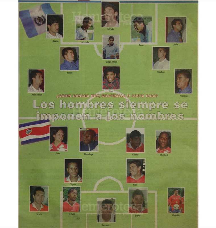 La nómina de seleccionados  de Guatemala y Costa Rica quienes se enfrentarían el 16 de octubre 1996 para asistir al Mundial Francia 98. (Foto Hemeroteca PL)