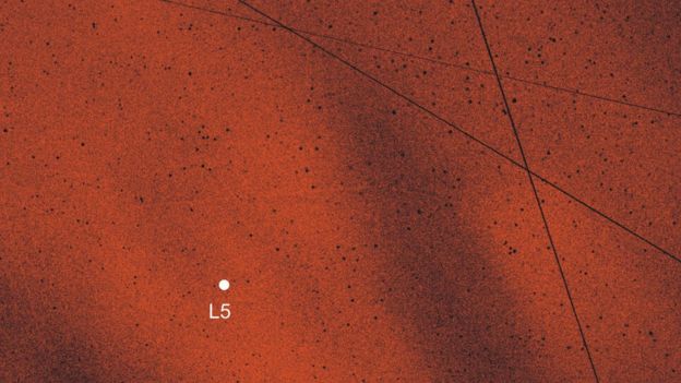 En esta imagen, la nube L5 corresponde a la zona donde se ven los puntos más rojos y brillantes. Las líneas rectas son rastros de satélites. J. SLÍZ-BALOGH