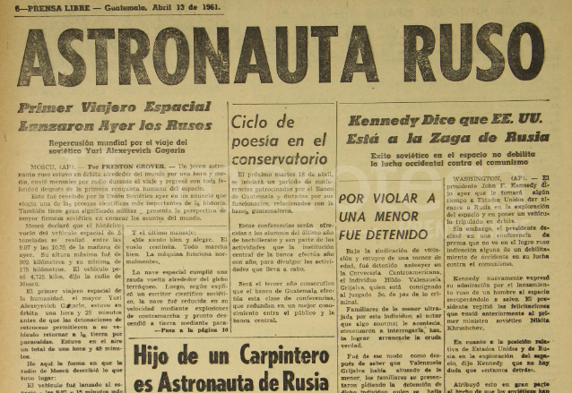 Nota de Prensa Libre del 13 de abril de 1961 informando sobre la hazaña soviética en el espacio. (Foto: Hemeroteca PL)