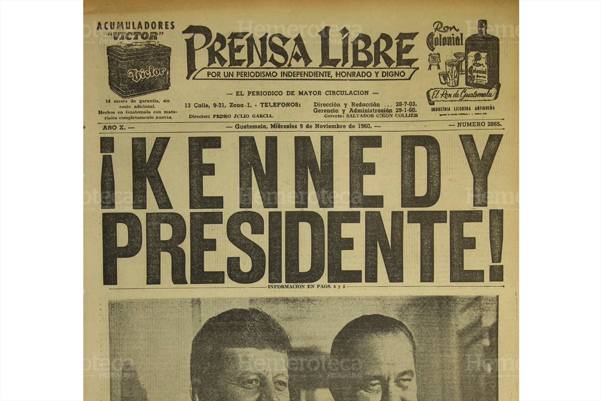 Portada de Prensa Libre en la cual se dio a conocer la victoria de John Kennedy en las elecciones de 1960.(Foto: Hemeroteca PL)