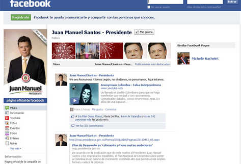 El presidente colombiano, Juan Manuel Santos, lamentó el miércoles a través de Twitter una intromisión que realizó la organización de ciberactivistas Anonymous en su cuenta de Facebook.