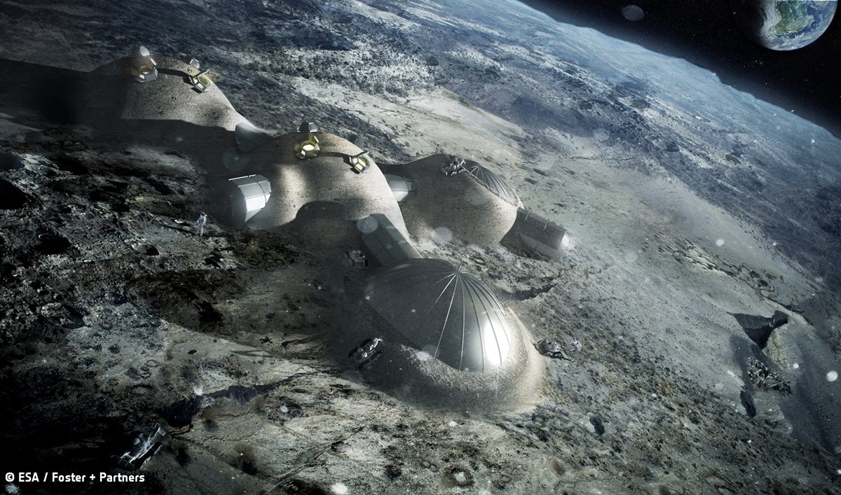 Recreación en 3D de cómo se vería una hipotética aldea lunar. (Foto Prensa Libre: AFP).