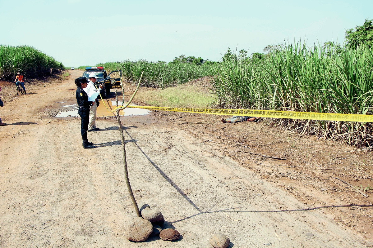 El cadáver de un hombre, de unos 25 años, fue localizado en un camino de terracería, en San Andrés, Villa Seca, Retalhuleu. (Foto Prensa Libre: Rolando Miranda)