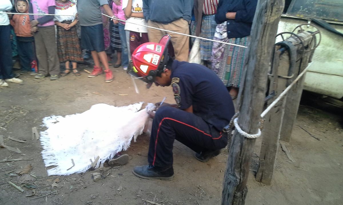 Socorrista cubre con una manta el cuerpo sin vida de Rosa Nohemí Noj Mejía, de 1 año y 6 meses, quien murió ahogada luego de haber caído en pozo artesanal. (Foto Prensa Libre: Cortesía de los Bomberos Municipales Departamentales)