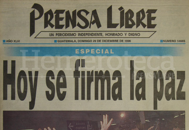 Titular de la edición especial de Prensa Libre del 29 de diciembre de 1996. (Foto: Hemeroteca PL)