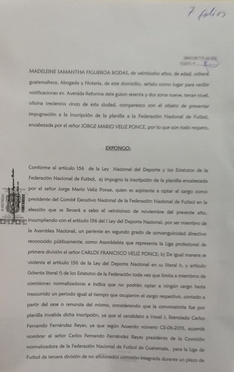 Este es el documento presentado esta tarde en el Tedefe donde se impugna la inscripción de Jorge Mario Véliz.