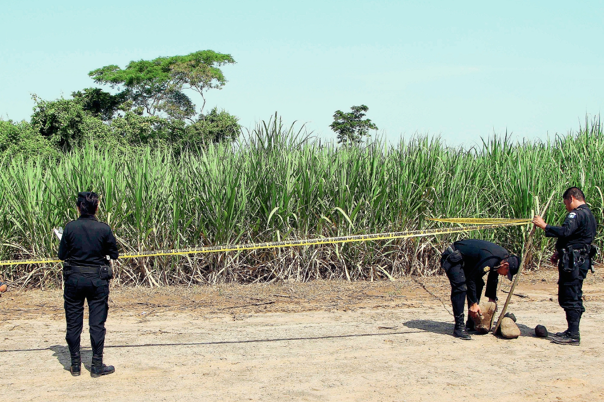 Agentes de la PNC acordonan el área donde localizaron un cadáver, en San Andrés Villa Seca, Retalhuleu. (Foto Prensa Libre: Rolando Miranda)