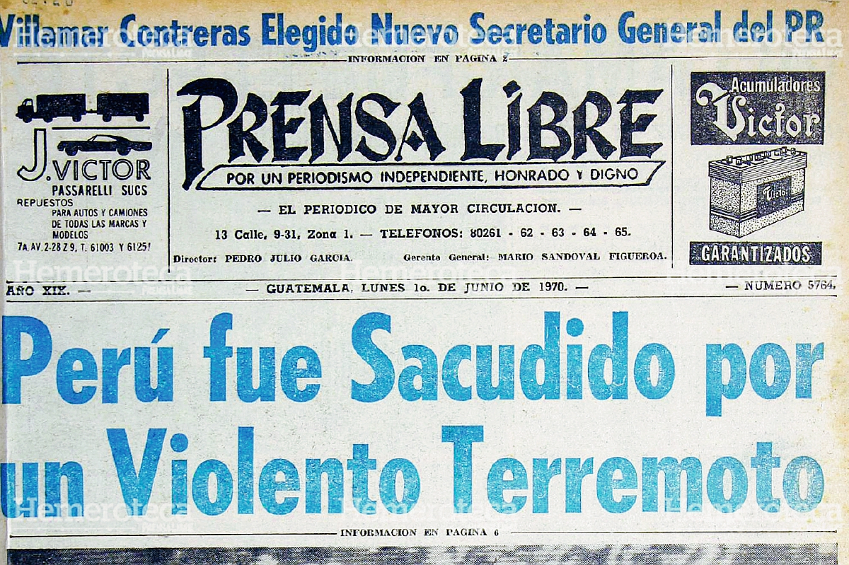 Portada de Prensa Libre del 1 de junio de 1970 cuyo titular hacía referencia el terremoto de Perú. Foto: Hemeroteca PL