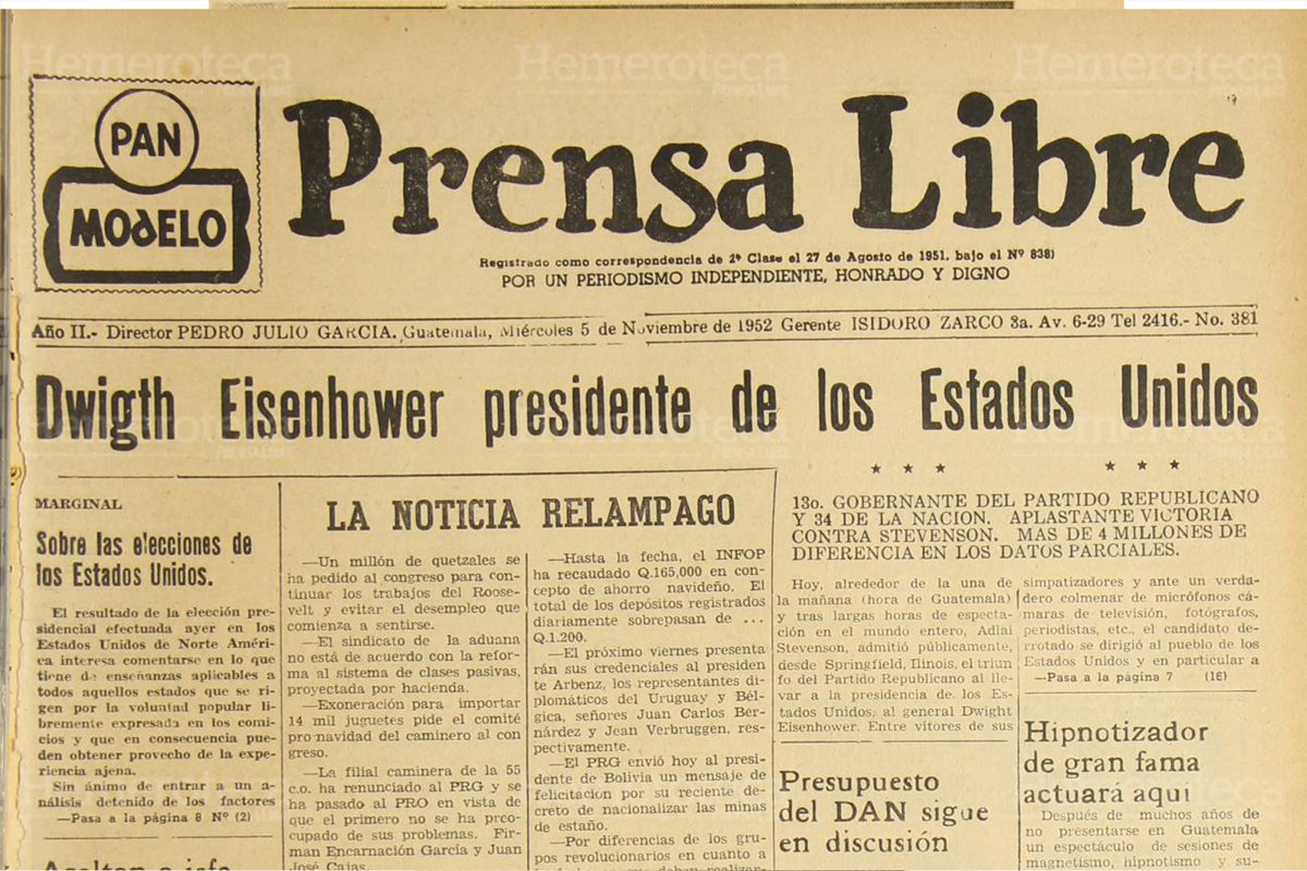 Portada de Prensa Libre del 5/11/1952 donde se daba a conover la victoria de Eisenhower. (Foto: Hemeroteca. PL)