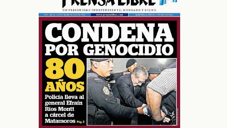 Portada de Prensa Libre del 11 de mayo de 2013, informando sobre la sentencia. (Foto Prensa Libre: Hemeroteca)