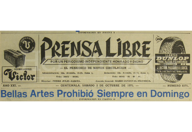 Uno de los titulares de la portada de Prensa Libre del 2 de octubre de 1971 informando sobre la prohibición de Siempre en Domingo. (Foto: Hemeroteca PL)