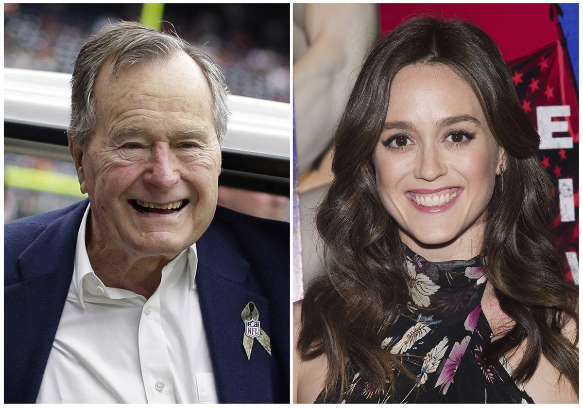 George Bush aparece junto a la actriz Heather Lind. Lind acusó al expresidente de manosearla en un evento de Houston en 2014.(Foto Prensa Libre:AFP).