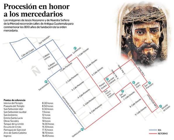 Recorrido de la procesión de las imágenes de Jesús Nazareno y de Nuestra Señora de La Merced. (Imagen: Prensa Libre).