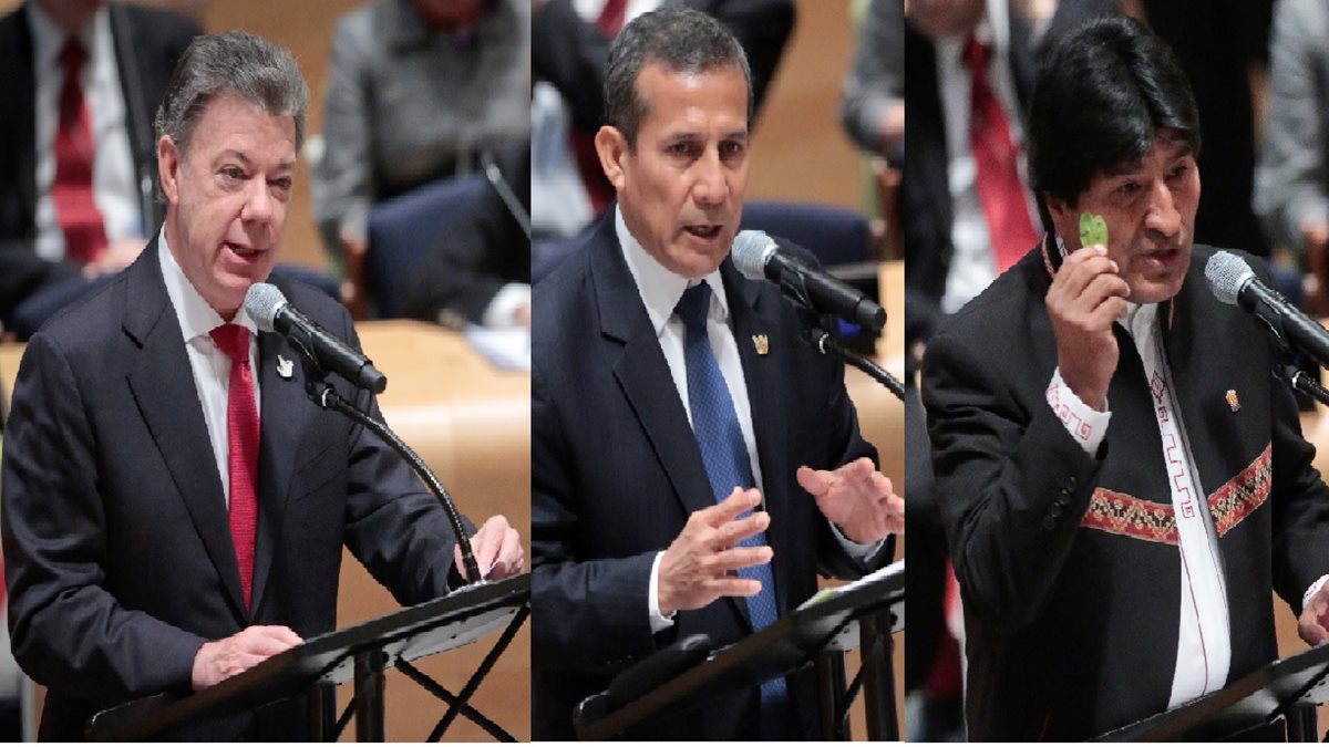 Juan Manuel Santos,Ollanta Humala y Evo Morales hablaron sobre el problema de las drogas. (AP).