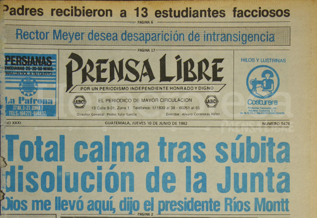 Titular de Prensa Libre del 10 de junio de 1982 informando sobre la disolución de la Junta Militar que gobernaba el país. (Foto: Hemeroteca PL)
