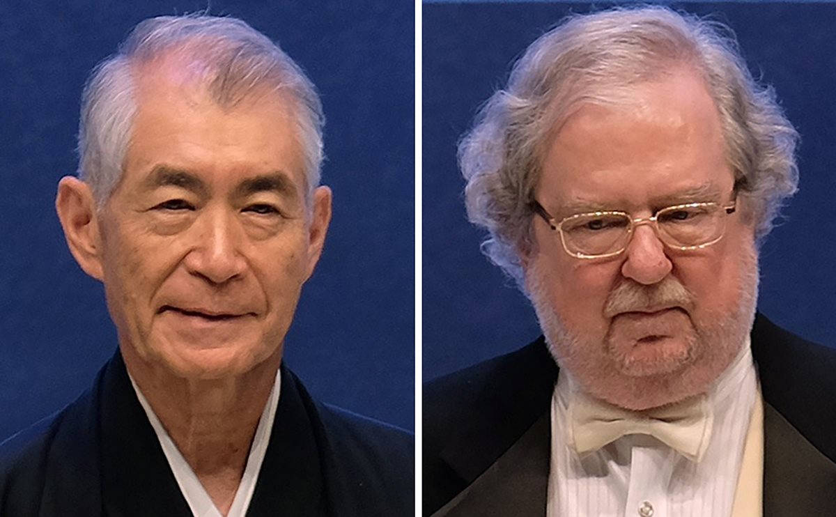 Tasuku Honjo y James P Allison, ganadores del Nobel de Medicina 2018. (Foto Prensa Libre: AFP)
