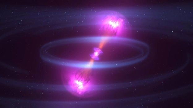 La ilustración muestra la fusión que se produjo a 130 millones de años luz de la Tierra. (NASA)