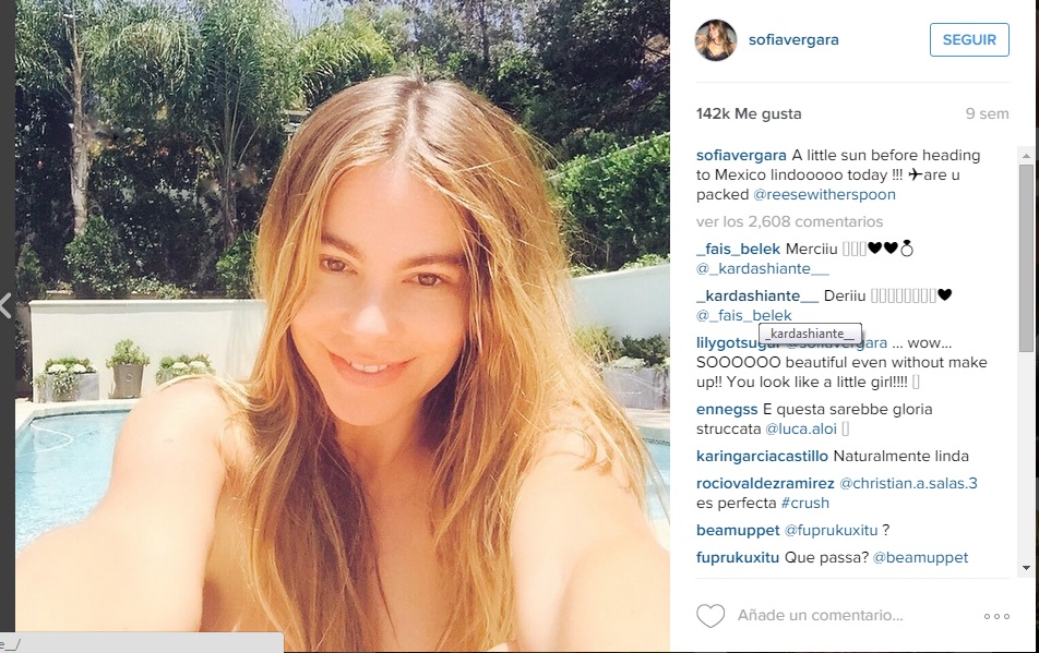 Sofía Vergara es una de las famosas que no se resistió a la nueva moda de Selfies sin maquillaje. (Foto Prensa Libre: Tomada de Instagram/sofiavergara/).