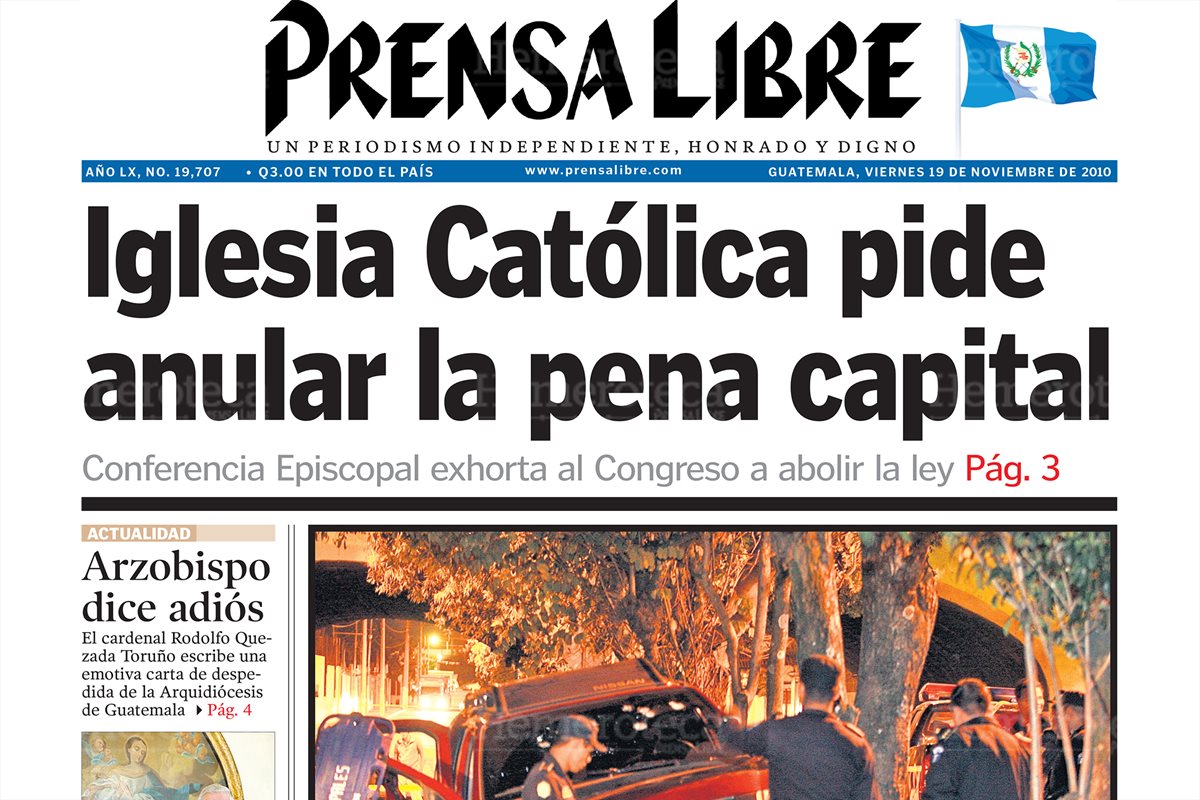Portada del 19/11/2010 donde la Iglesia Católica pide al Congreso que anule la pena de muerte. (Foto: hemeroteca PL)