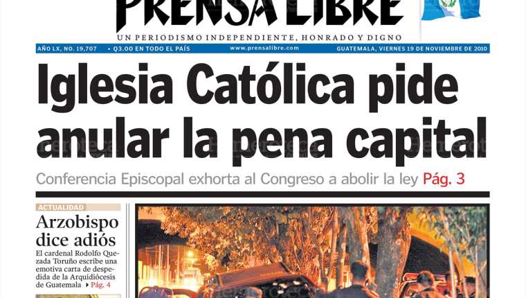 Portada del 19/11/2010 donde la Iglesia Católica pide al Congreso que anule la pena de muerte. (Foto: hemeroteca PL)