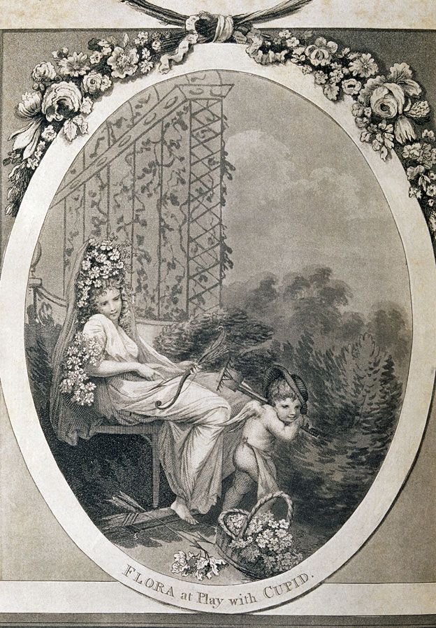 Frontispicio de "El jardín botánico" de Erasmus Darwin (1789-92) Flora, la diosa romana de las flores, la juventud y la primavera, juega con el dios romano del amor. SCIENCE PHOTO LIBRARY