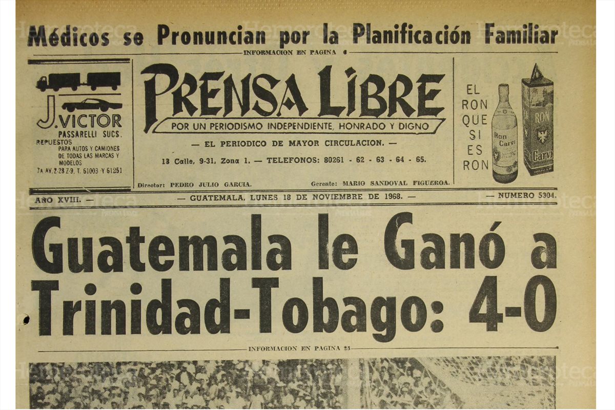 18/11/68 Portada de Prensa Libre con victoria de Guatemala sobre Trinidad y Tobago. ( Foto: Hemerotaca PL)