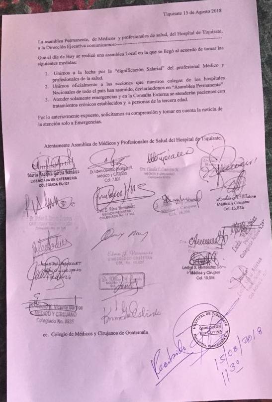 Esta circular fue emitida por médicos del Hospital de Tiquisate, en Escuintla. (Foto Prensa Libre: Cortesía)