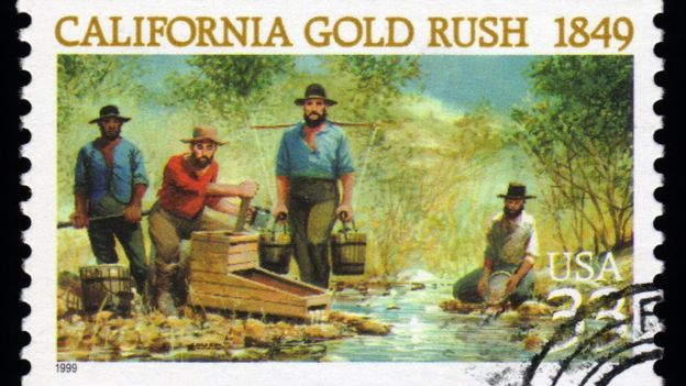 Una estampilla conmemorativa de "La fiebre del oro" en Estados Unidos, la cual comenzó a finales de la década de 1840. THINKSTOCK