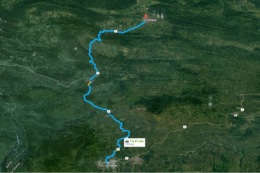 Ruta de Cobán a Chisec, Alta Verapaz, donde un camión con 25 personas cayó a una hondonada. (Foto Prensa Libre: Google Maps)