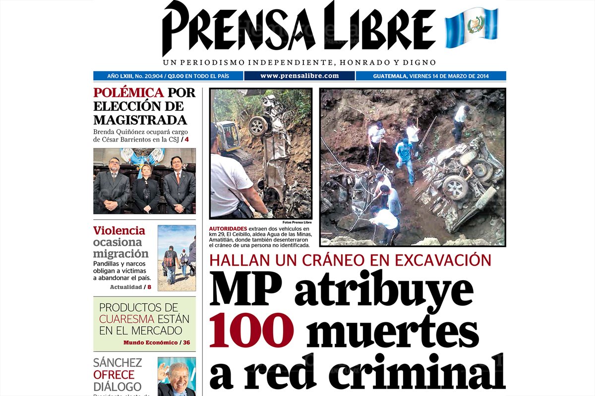 Portada del 14/3/2014 informa sobre las excavaciones en El Ceibillo, aldea Agua de las Minas, Amatitlán. (Foto: Hemeroteca PL)