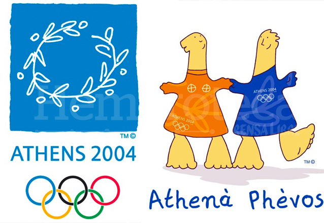 El logo oficial y las mascotas Athenà y Phèvos de los Juegos Olímpicos de Atenas 2004. (Foto: Hemeroteca PL)
