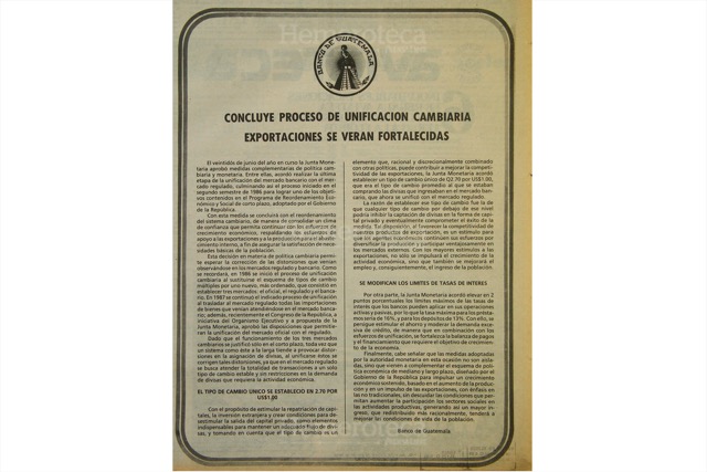 Boletín del Banco de Guatemala del 28 de junio de 1988, con el precio del dólar -tres quetzales por un dólar-. (Foto: Hemeroteca PL)