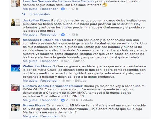 Reacciones de los usuarios de Facebook en la página de Codisra ante la denuncia por el uso de nombre María y el adjetivo Chula. (Foto Prensa Libre: Facebook)