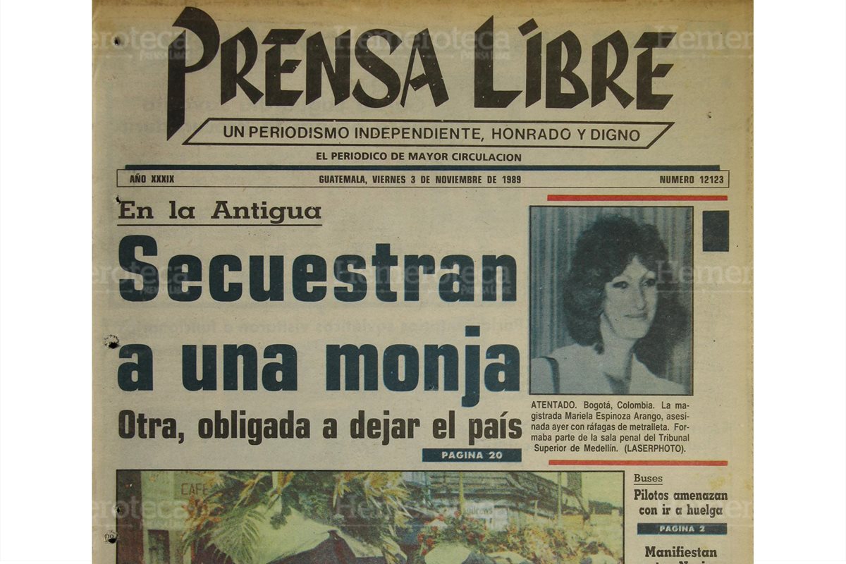 Portada del 3/11/1989 informa sobre el secuestro de una monja en Antigua Guatemala. (Foto: Hemeroteca PL)
