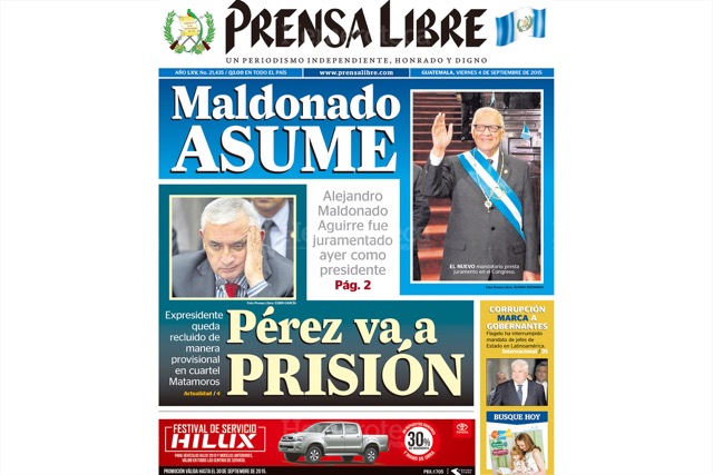 Dos rostros diferentes del poder el 3 de septiembre de 2015: Asume Alejandro Maldonado Aguirre y Otto Pérez Molina va a prisión. (Foto: Hemeroteca PL)