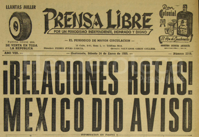 Titular de Prensa Libre del 24 de enero de 1959 donde se informa del rompimiento entre México y Guatemala. (Foto: Hemeroteca PL)