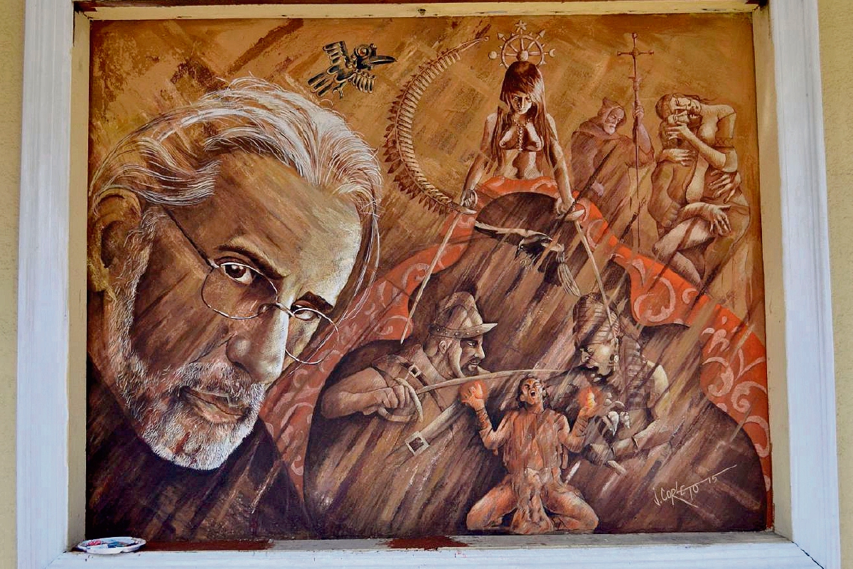 Una de las escenas de La profecía acompaña al retrato de su autor, Manuel Corleto. (Prensa Libre: Colectivo Chucho Callejero)