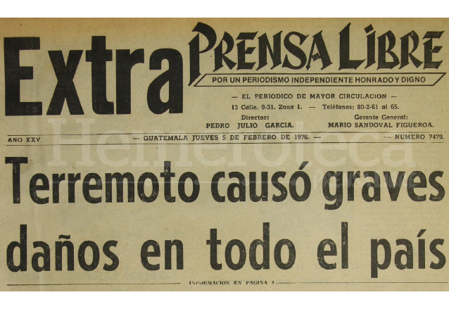 Titular de la edición especial de Prensa Libre del 5 de febrero de 1976. (Foto: Hemeroteca PL)