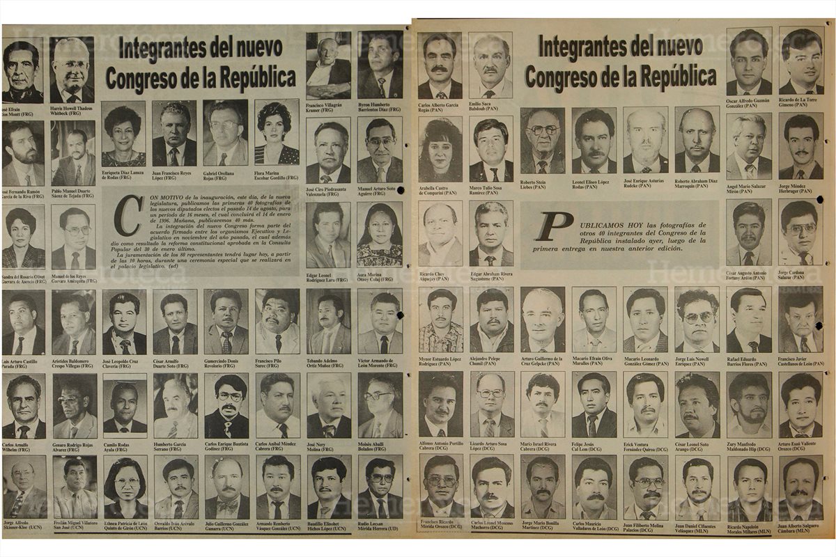 Prensa Libre publicó el 13/9/1994 las fotografías  de los 80 nuevos diputados para un periodo de 16 meses electos por medio de la consulta popular. (Foto: Hemeroteca PL)