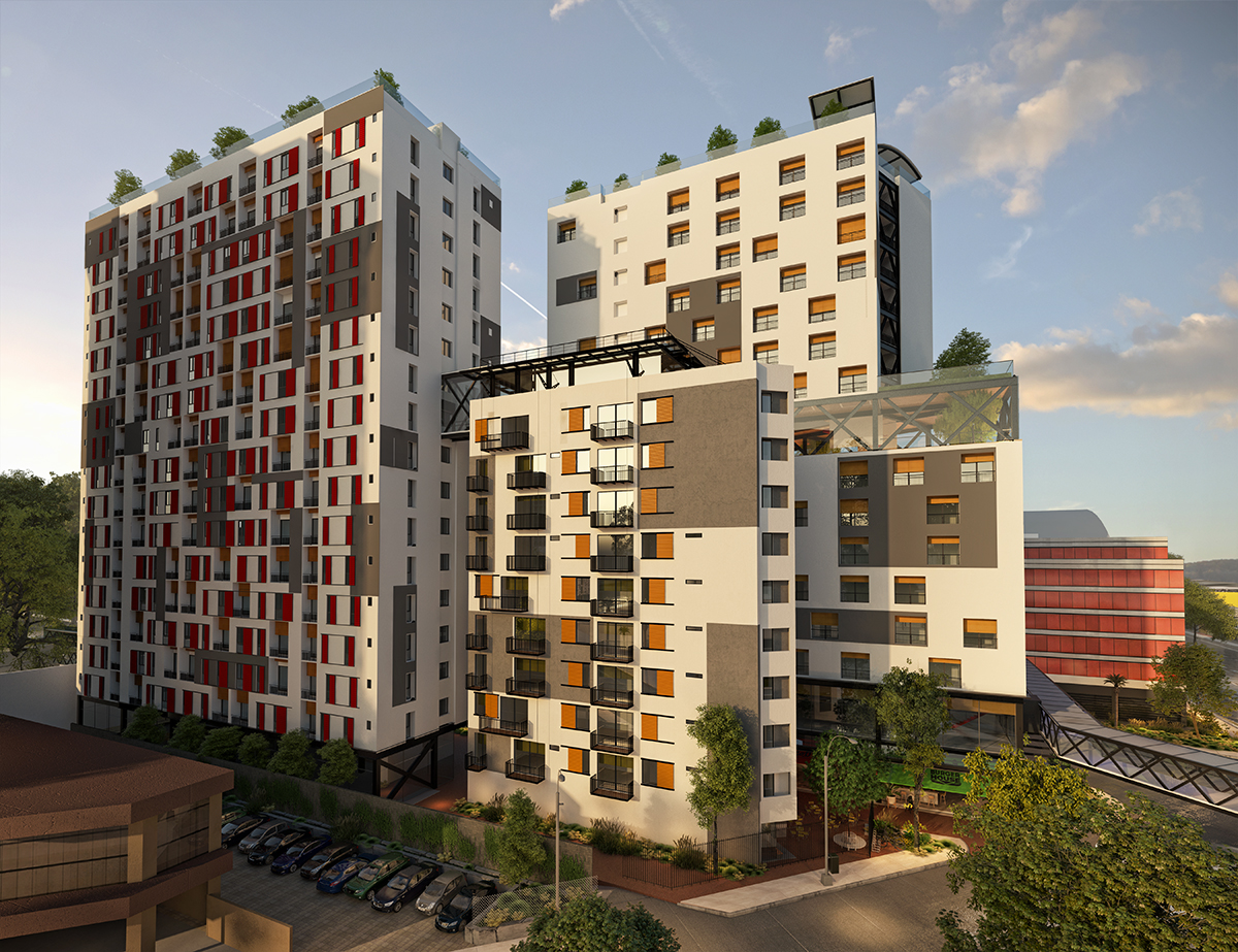 Tres torres interconectadas por medio de pasarelas.