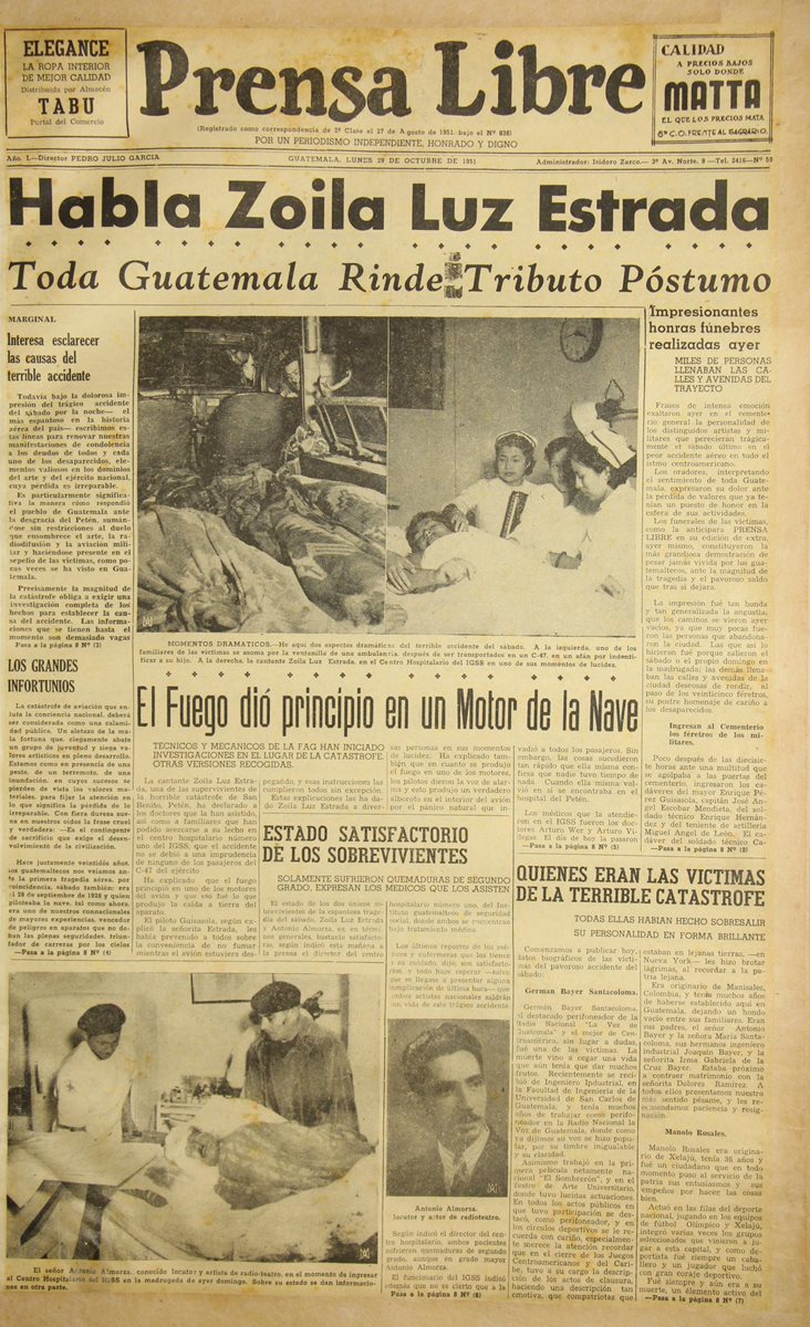 Portada del 29 de octubre de 1951, con el reporte del accidente de artistas. (Foto: Hemeroteca PL)