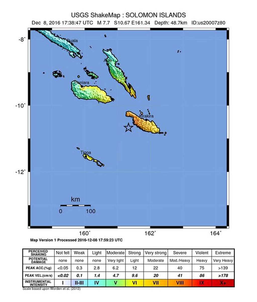 Mapa facilitado por el Centro Geológico de EE. UU. donde ocurrió el terremoto de 7.7 cerca de las Islas Salomón. (Foto Prensa Libre: EFE).