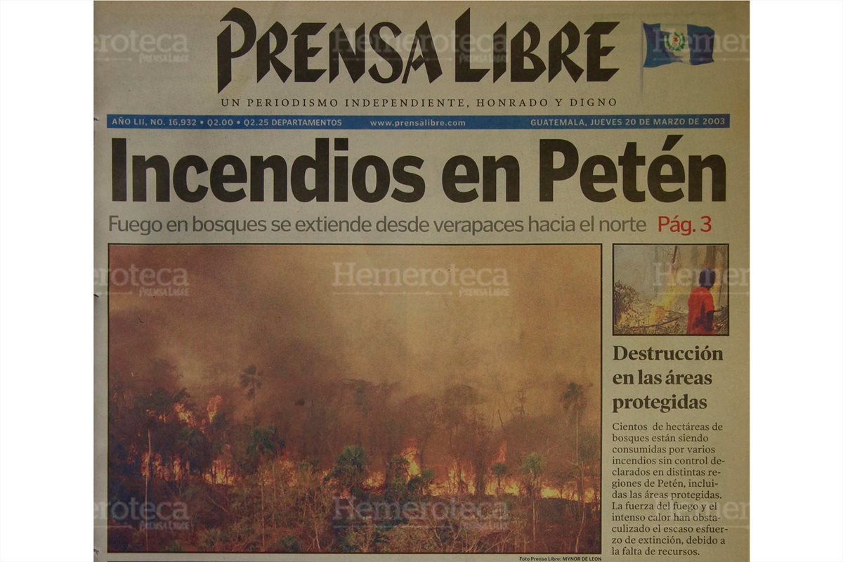 Cientos de hectáreas de bosques están siendo consumidas por varios incendios sin control declarados en distintas regiones de Petén. 20/3/2003. (Foto: Hemeroteca PL)