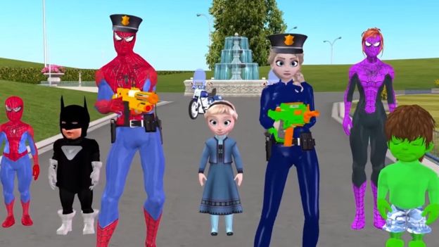 En otro video, Spiderman y Elsa, de "Frozen", aparecen usando armas de fuego. YOUTUBE: ANIMALS FOR KIDS