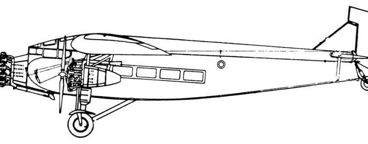 Croquis del avión en el que viajaba Gardel, que figura en el manual del Ford Trimotor F 31 modelo 5-AT-B, obtenido por Artana. FORD