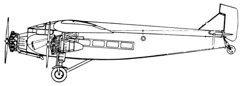 Croquis del avión en el que viajaba Gardel, que figura en el manual del Ford Trimotor F 31 modelo 5-AT-B, obtenido por Artana. FORD