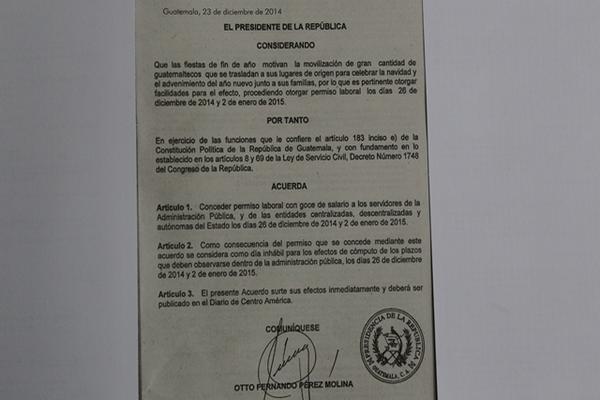 Con el Acuerdo 481-2014 se autorizó asueto para del Estado el 26 de diciembre y el 2 de enero. (Foto, Prensa Libre: Esbin García).